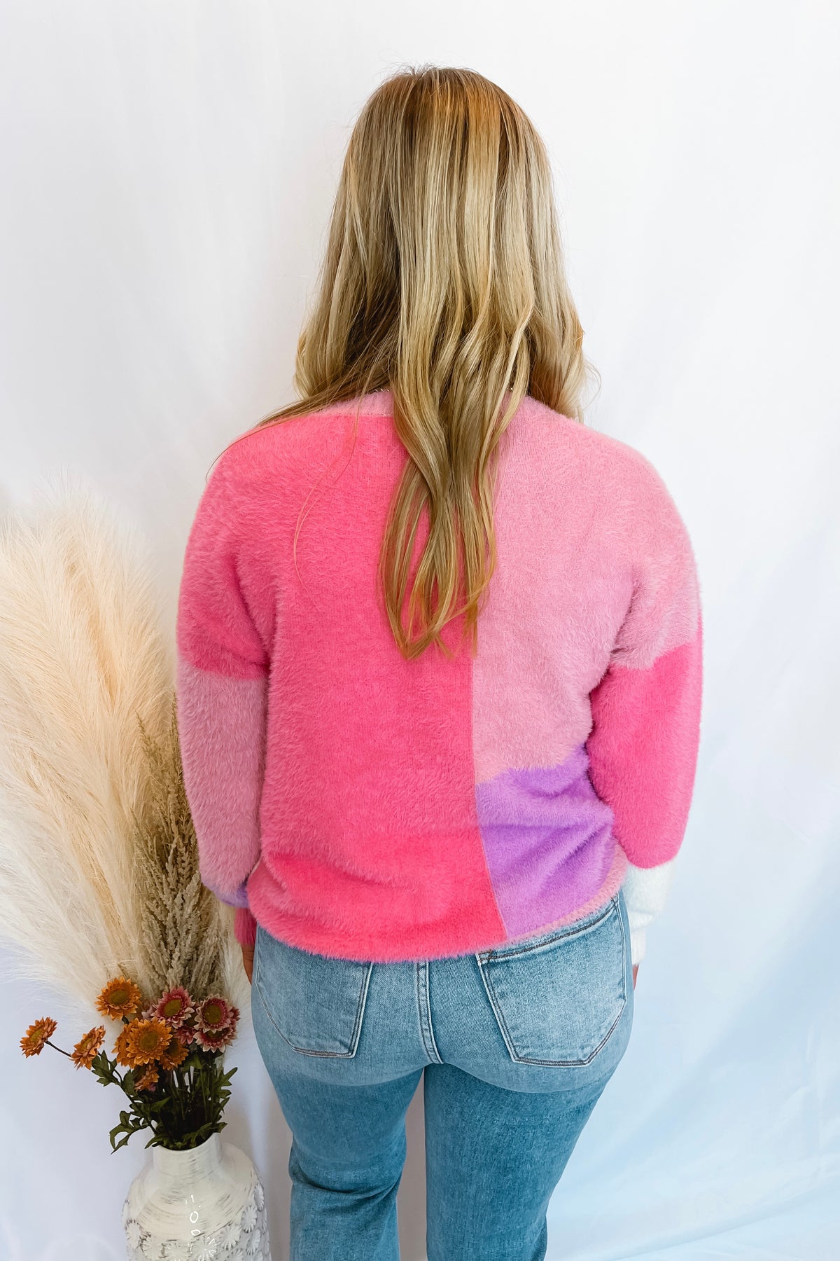 Sending Kisses Color Block Fuzzy Sweater - Pink Combo