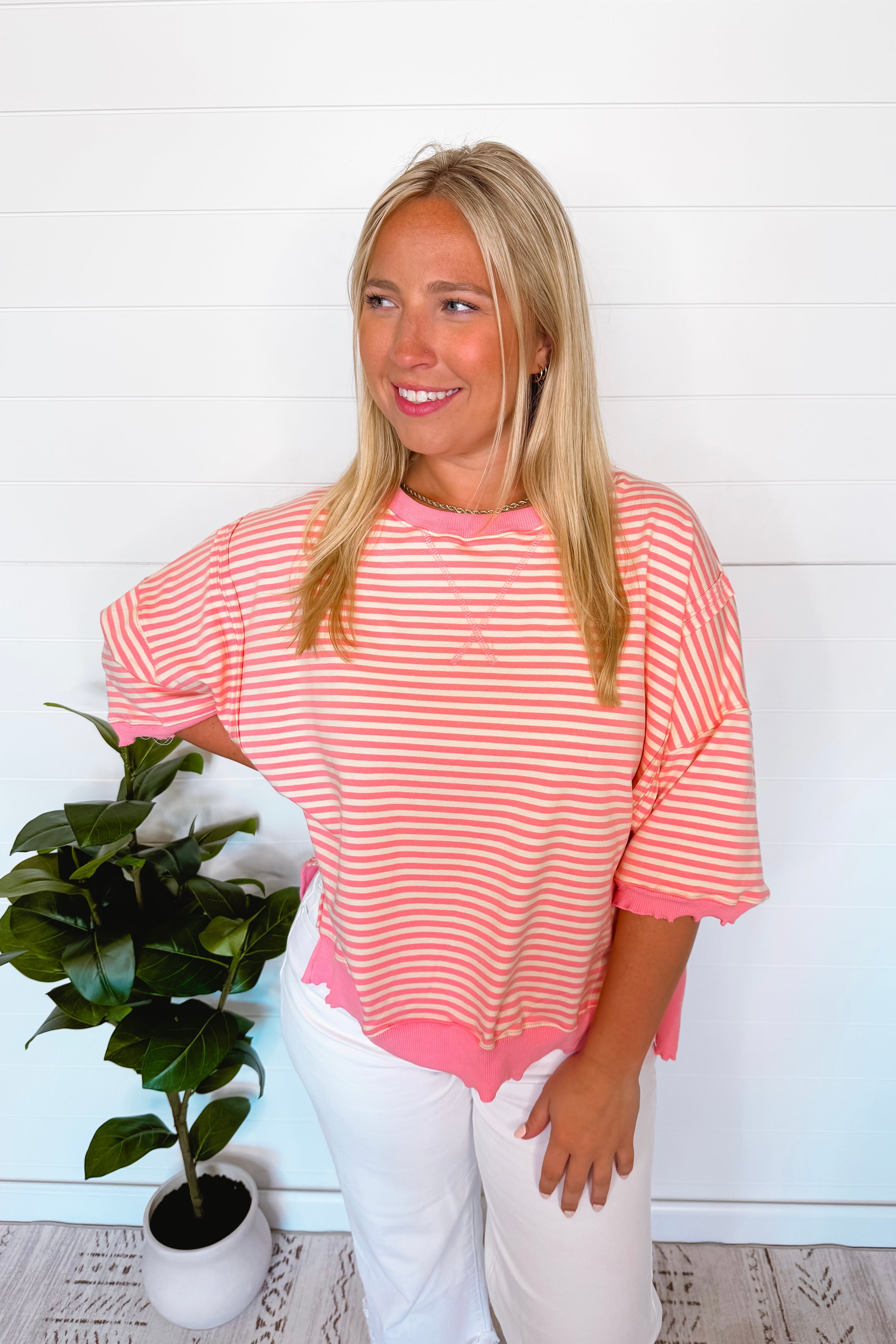 Pink Delight Candy Stripe Lettuce Edge Top - Pink