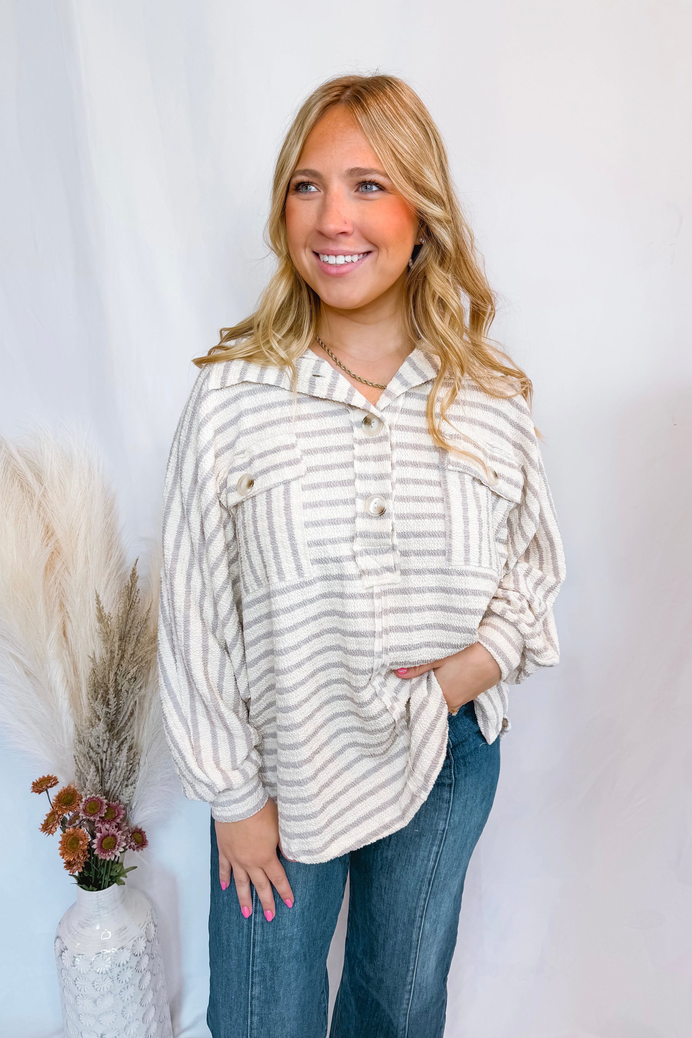 Autumn Charm Oversized Henley Top - Ivory/Grey