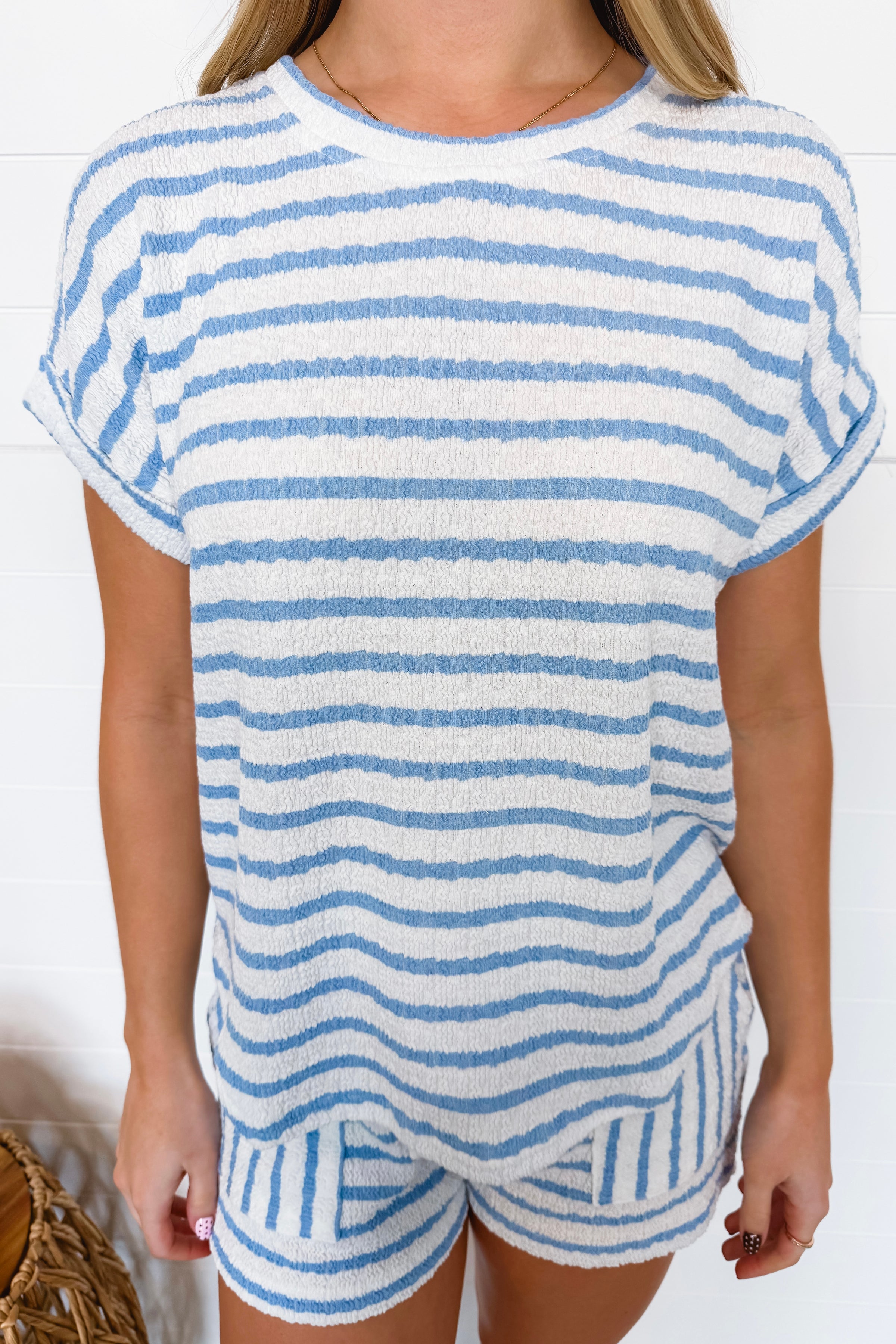 Oceanside Striped Ribbed Top - Light Blue/White