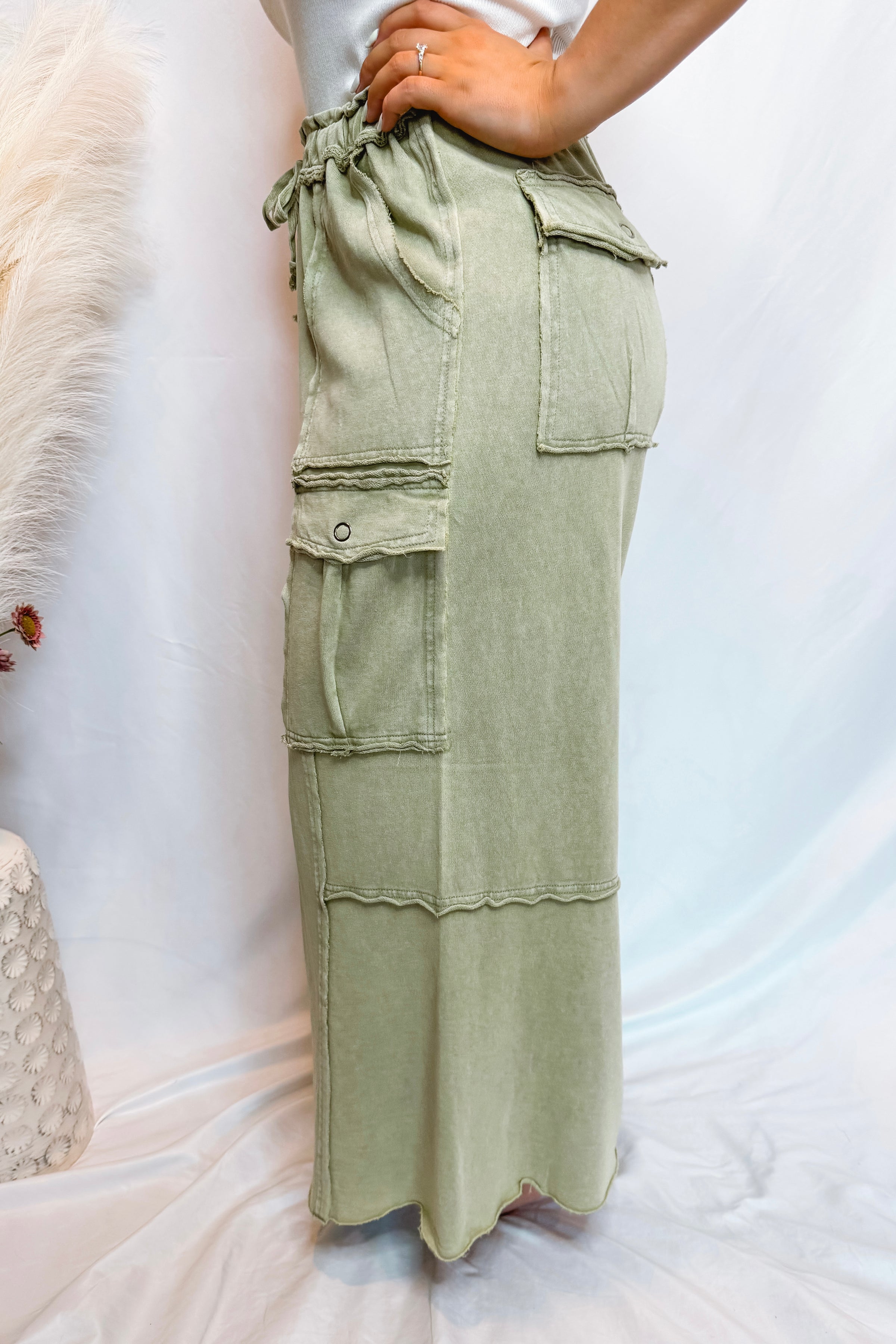 Madison Wide Leg Cargo Pants - Faded Olive