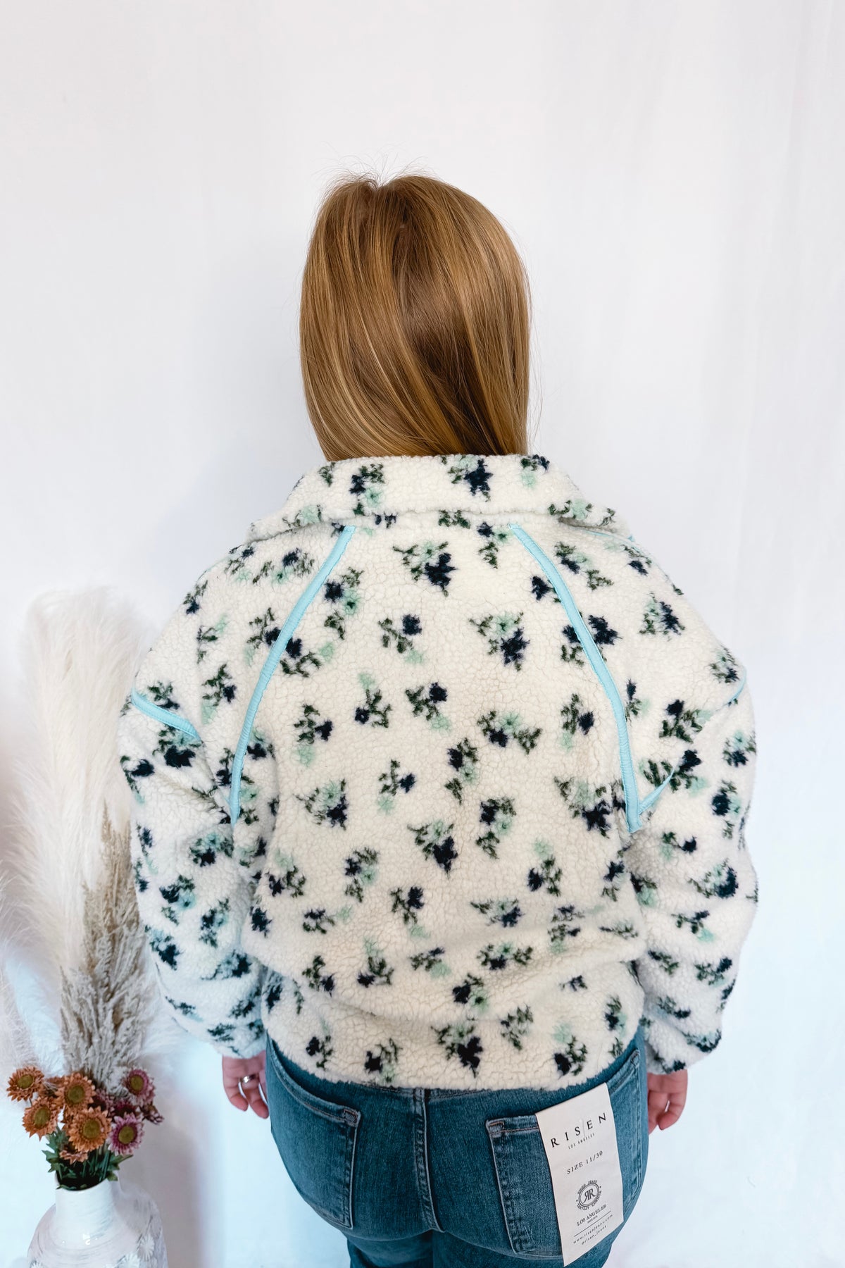 Wait And Smile Floral Sherpa Pullover - Ivory/Blue