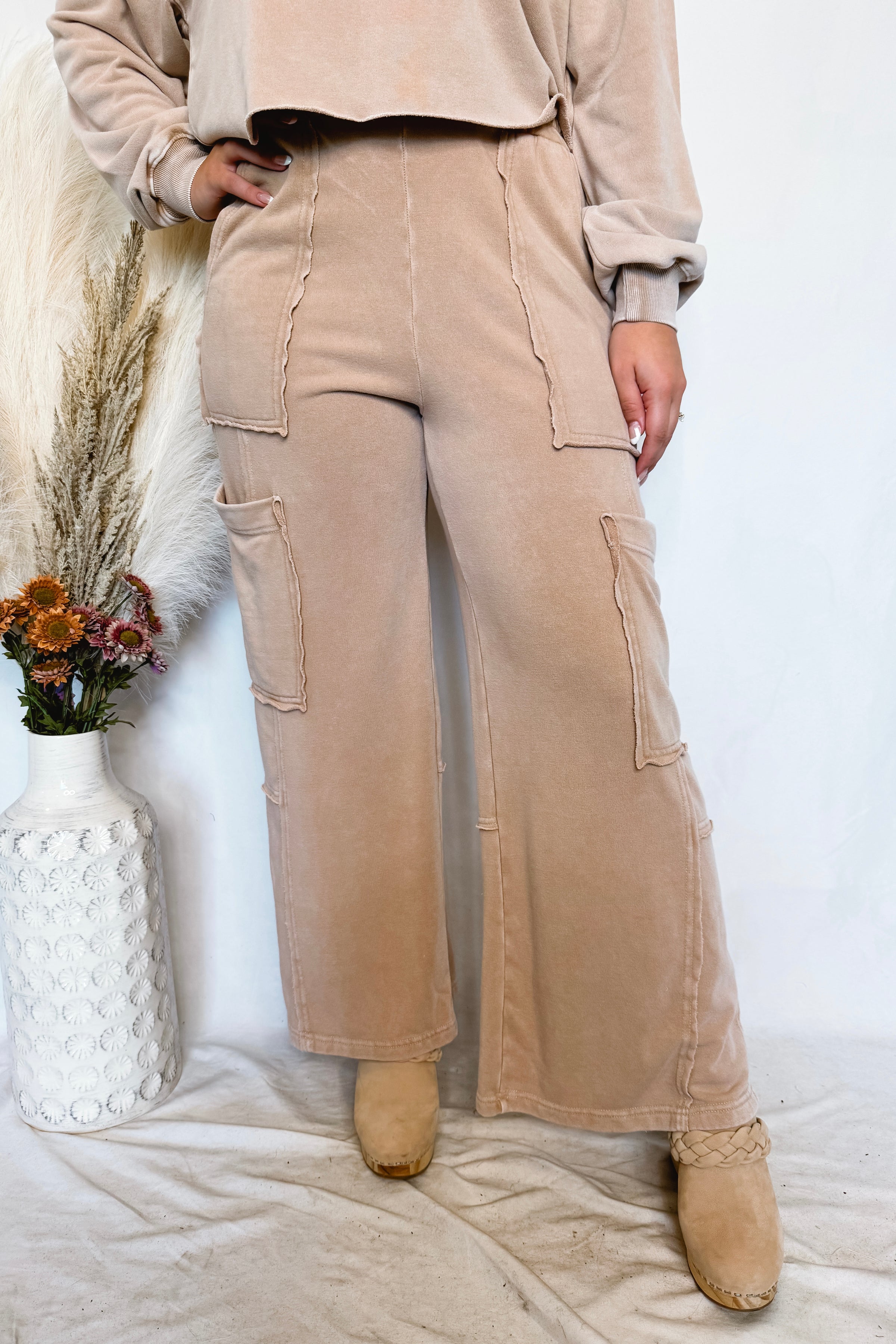Crisp Leaves Wide Leg Mineral Washed Pants - Taupe