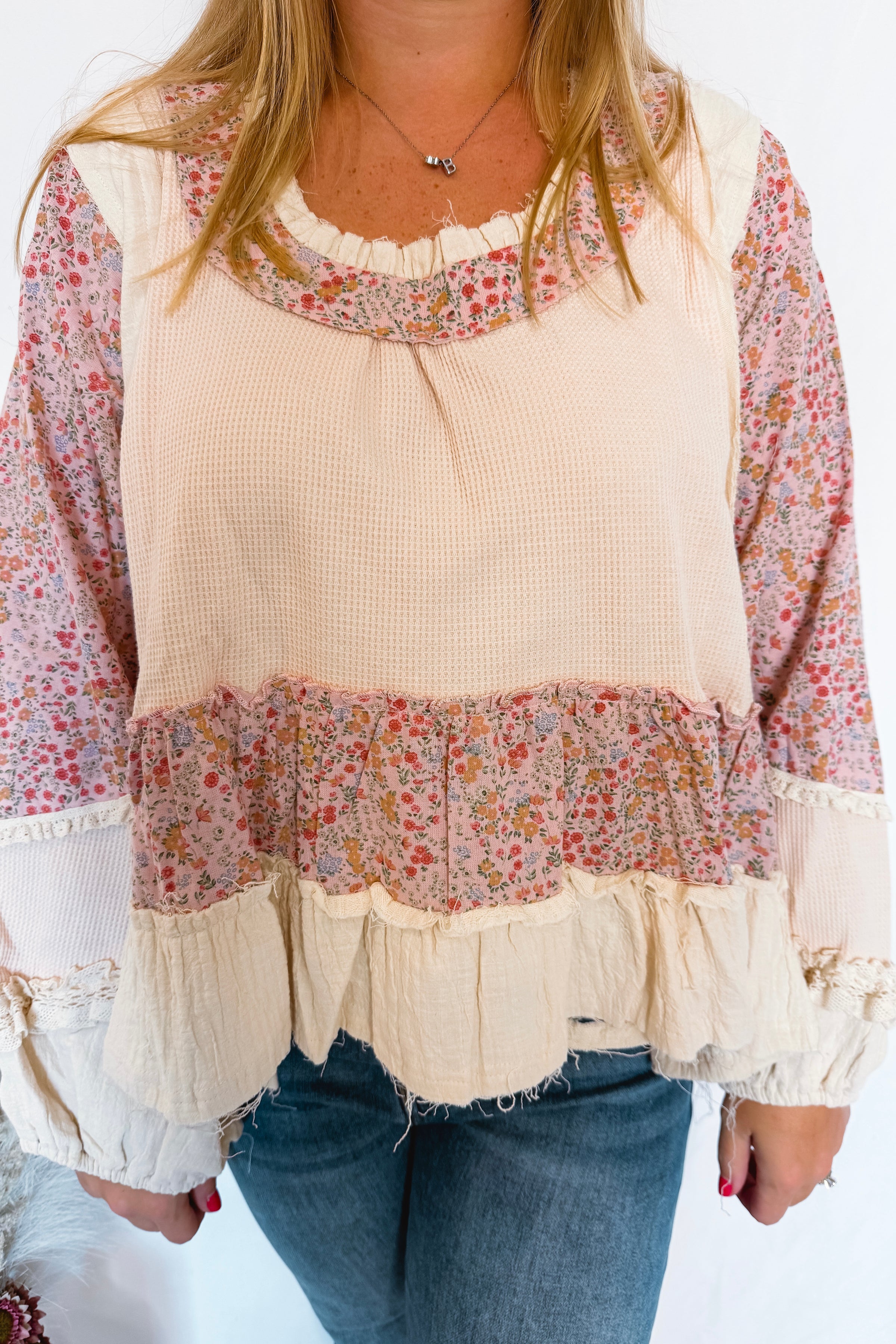 Brianna Contrast Ruffle Oversized Top (POL) - Cream