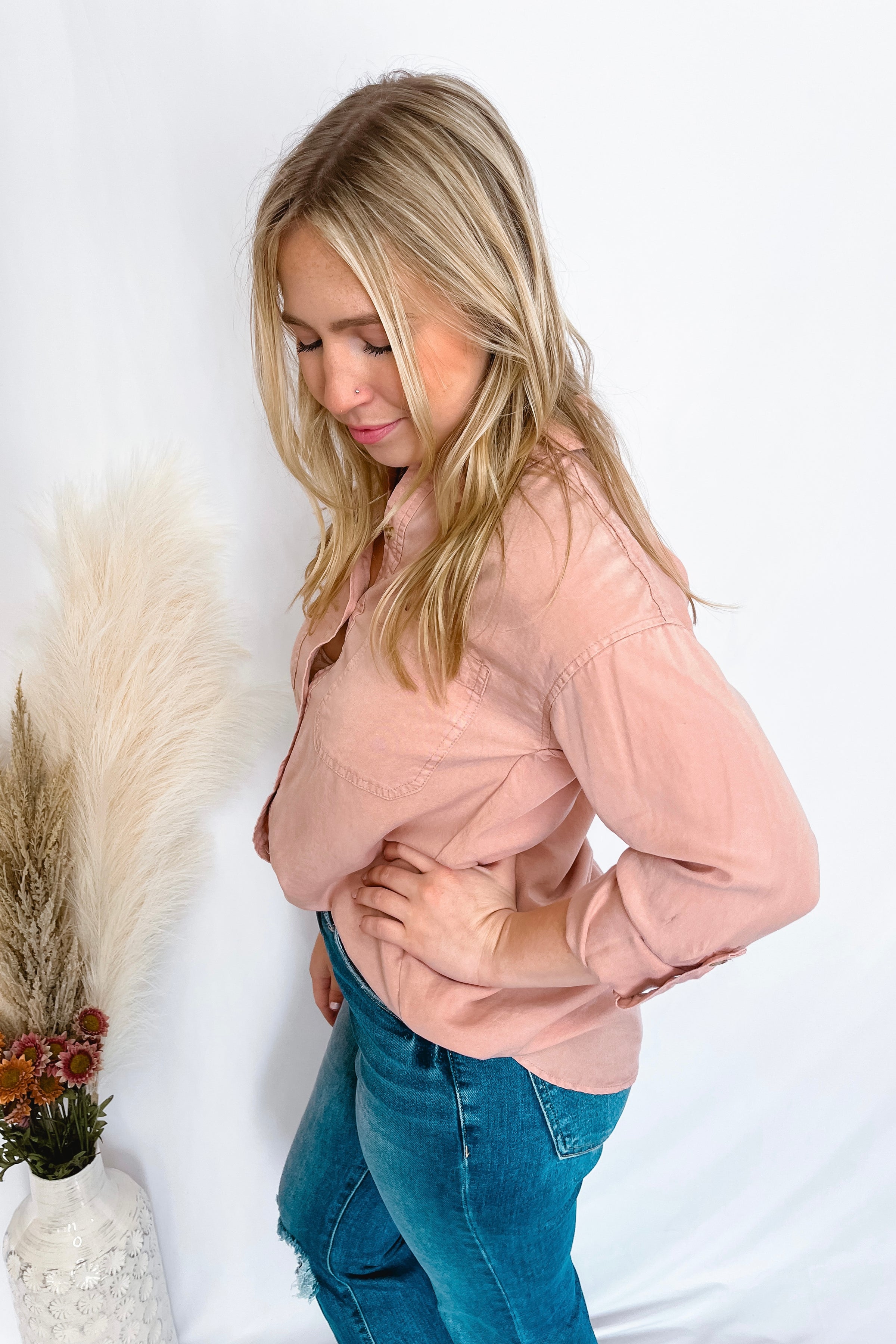 Stay Updated Button Down Top - Dusty Peach