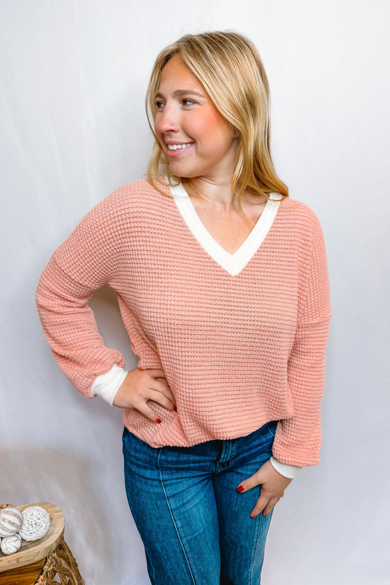 Memory Lane Waffle Knit Top - Light Pink