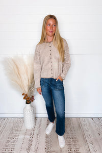 Gwen Lightweight Striped Button Sweater - Tan/Ivory