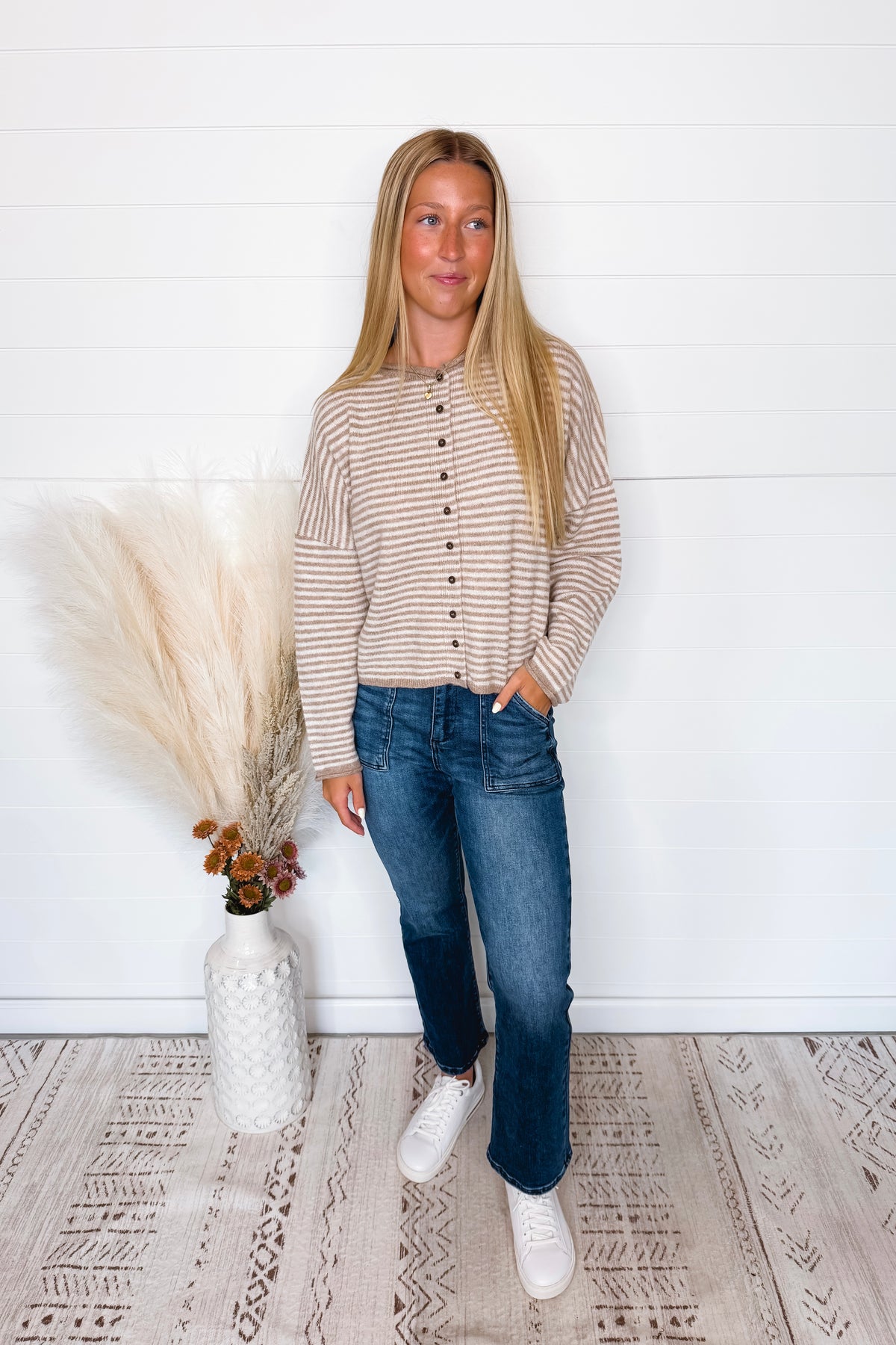 Gwen Lightweight Striped Button Sweater - Tan/Ivory