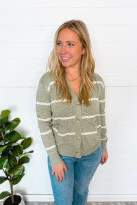 Everyday Striped Lightweight Button Cardigan - Sage