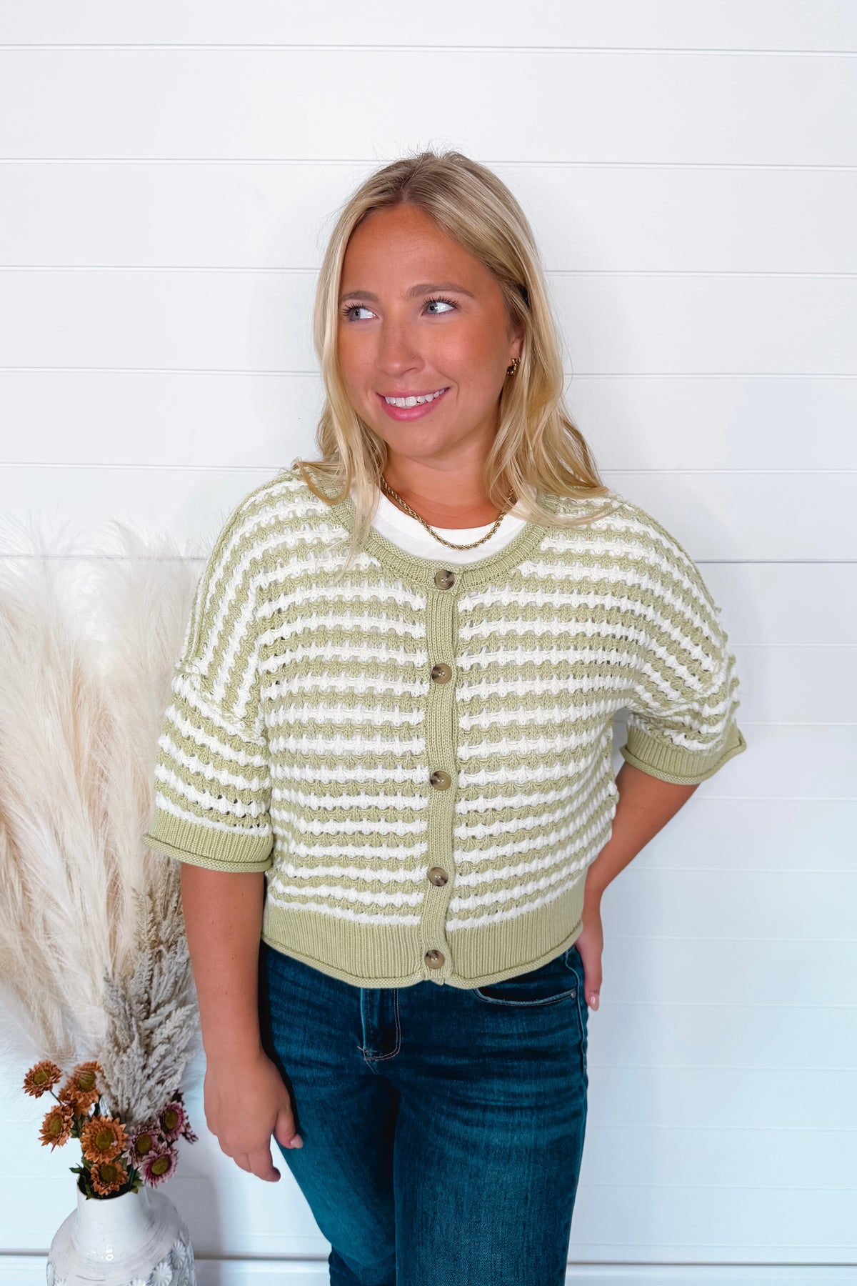 Warm Breeze Crochet Knit Button Sweater - Sage