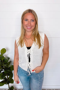 Cottage Charm Tie Front Crochet Vest - White