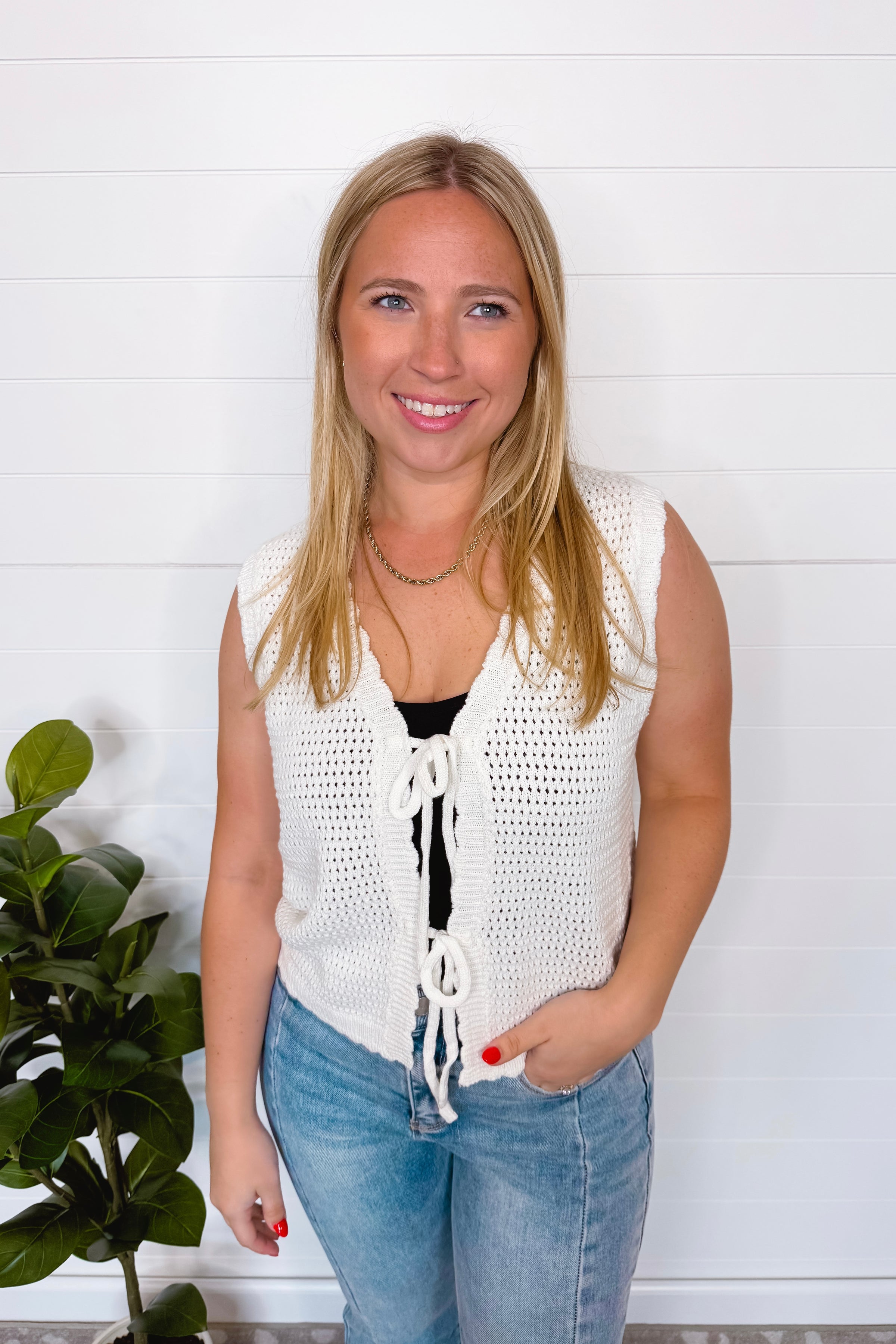 Cottage Charm Tie Front Crochet Vest - White