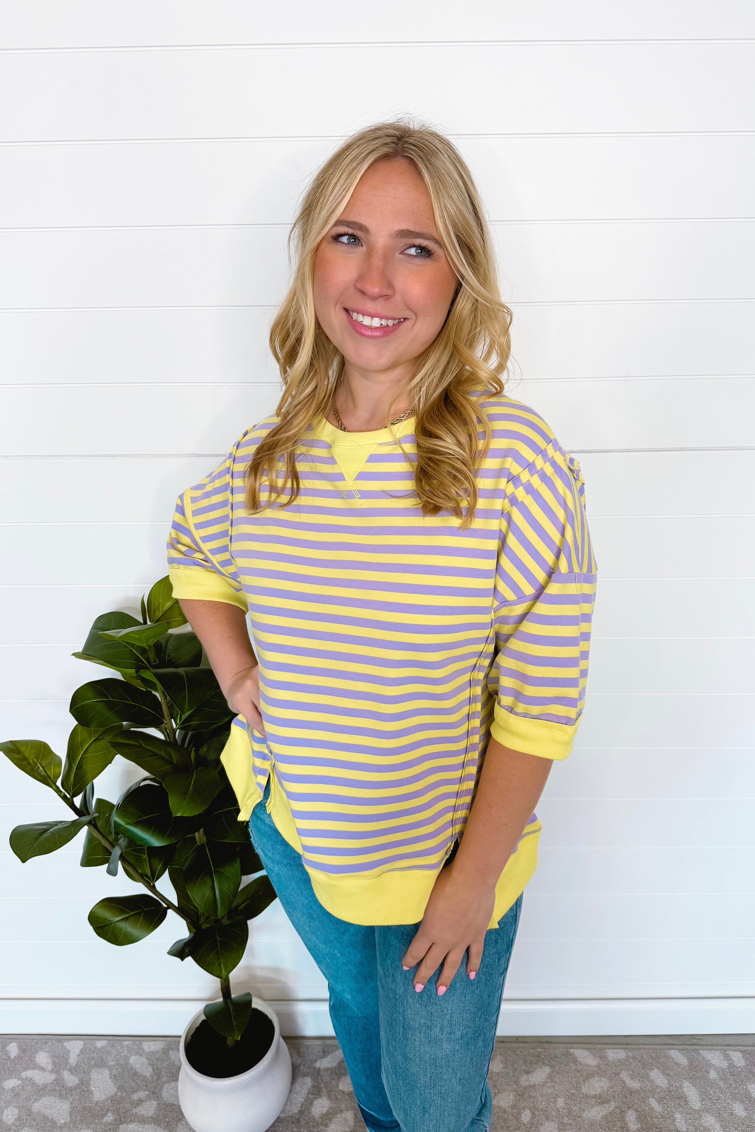 Bentley Striped Oversized Top - Lavender/Yellow