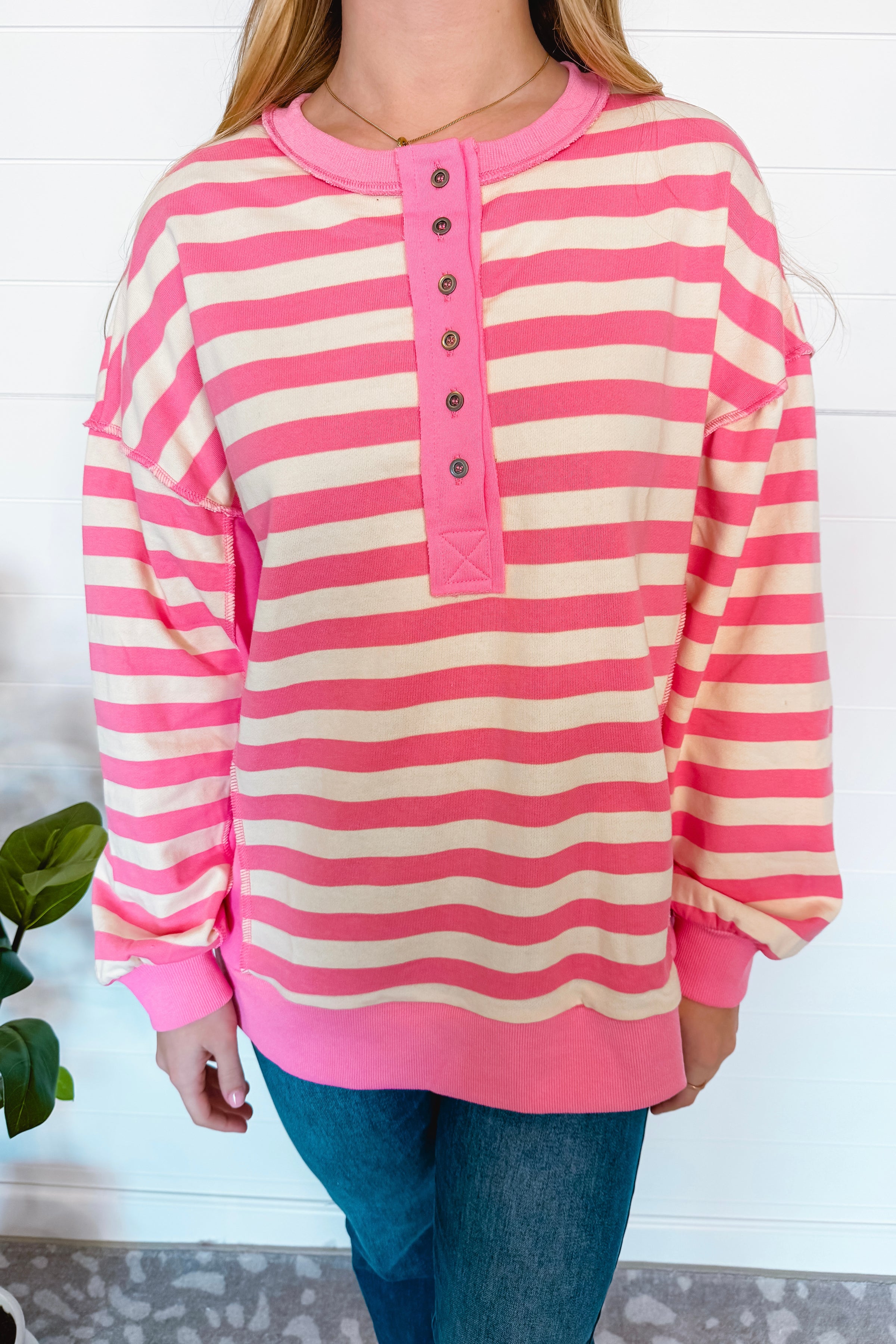 Stylish Staple Striped Henley Top - Pink