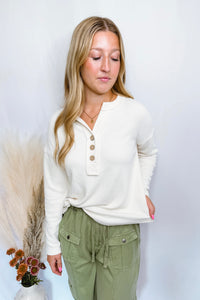 Cool Breeze Ribbed Knit Henley Top - Ivory