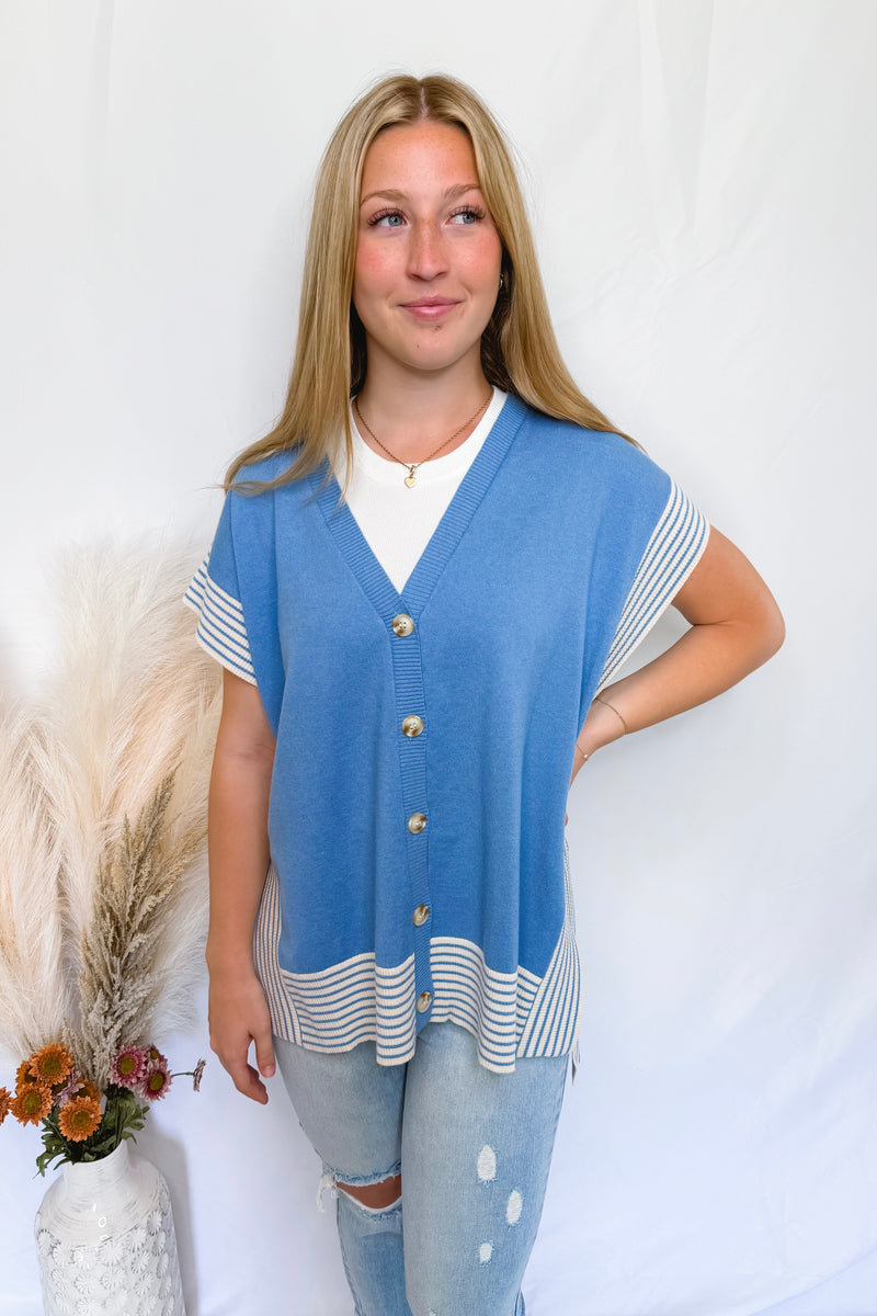 On The Brighter Side Button Down Knit Vest - Blue