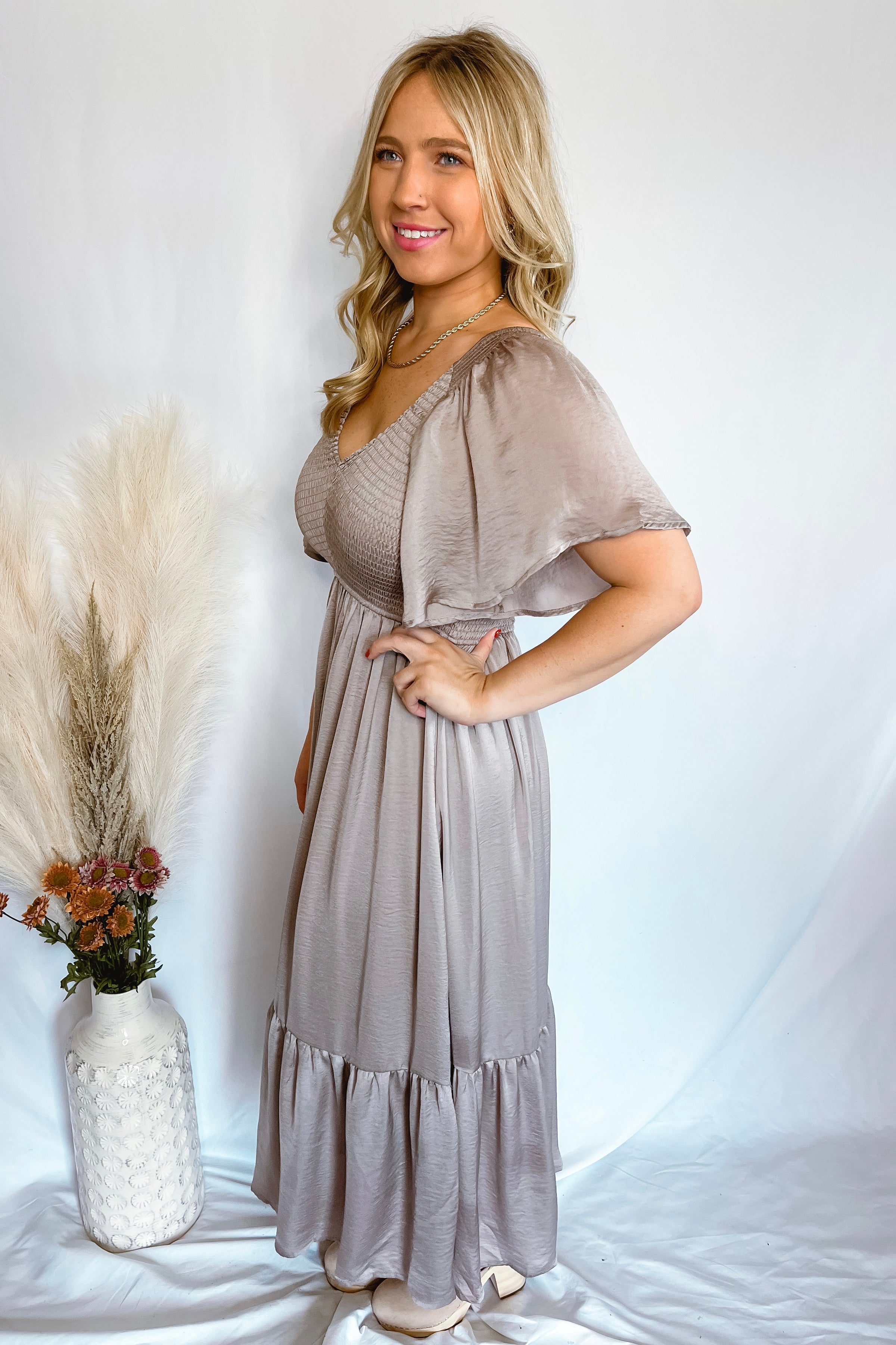 Love At Last Smocked Satin Midi Dress - Cashmere