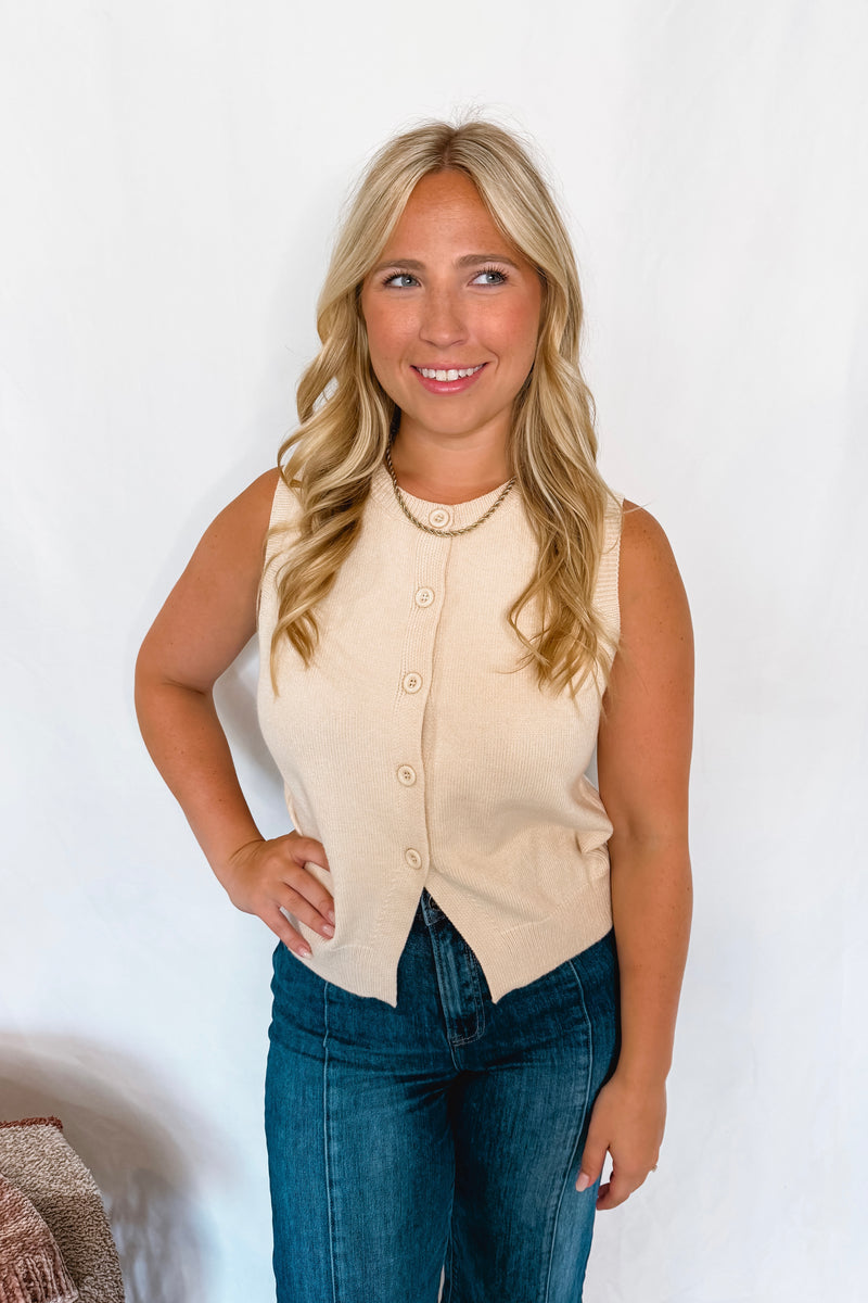 Eyes On You Button Front Knit Sweater Vest - Cream