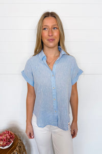 Warm Breezes Linen Blend Button Down Top - Blue