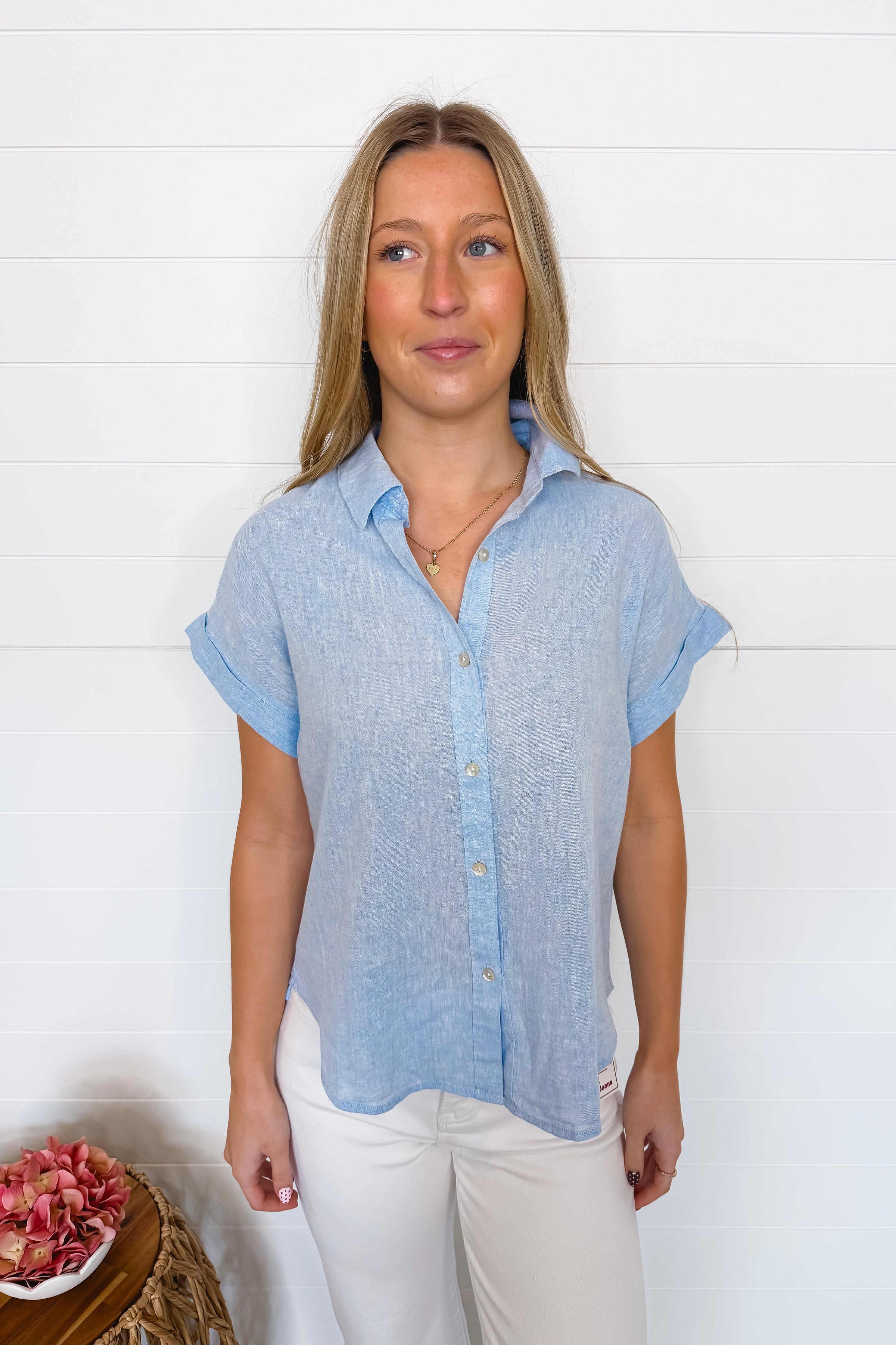 Warm Breezes Linen Blend Button Down Top - Blue