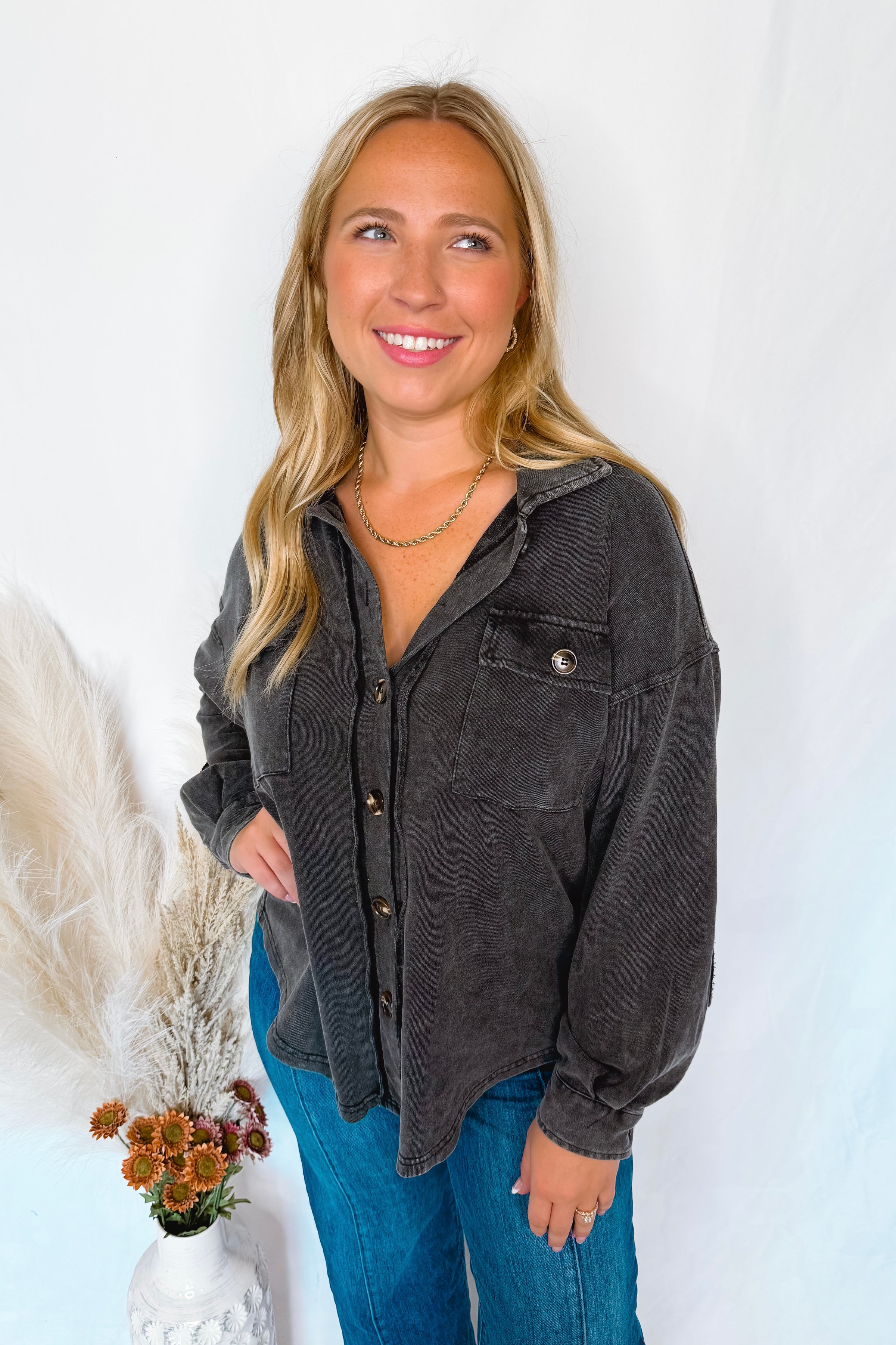 Cabin Chill Mineral Washed Button Down Top - Black