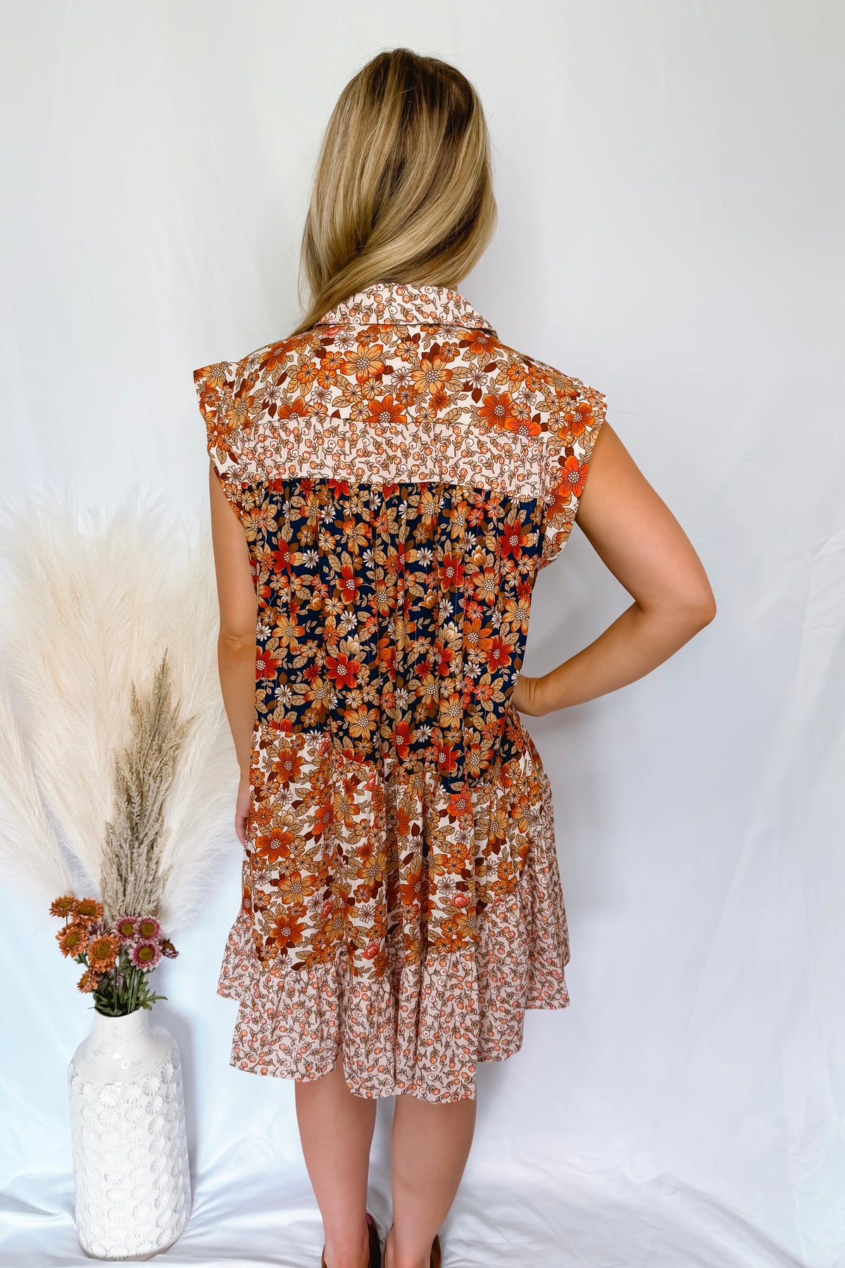 Feeling Fall Button Down Tiered Mini Dress - Orange Multi