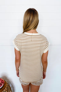 Fine Line Striped Ribbed Henley Top - Tan/Ivory