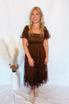 Phoebe Puff Sleeve Tulle Midi Dress - Brown