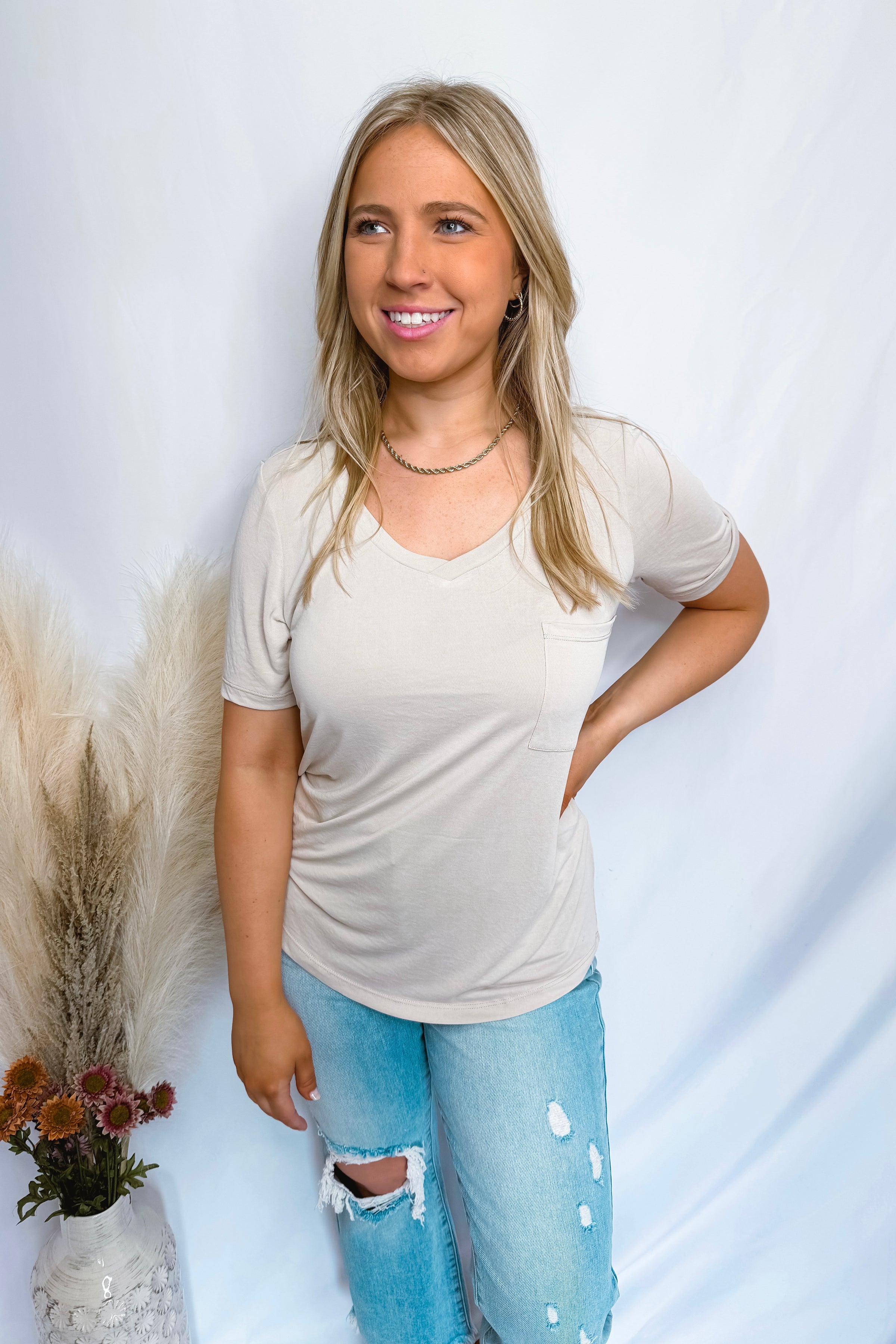 Megan V-Neck Pocket Tee - Tan