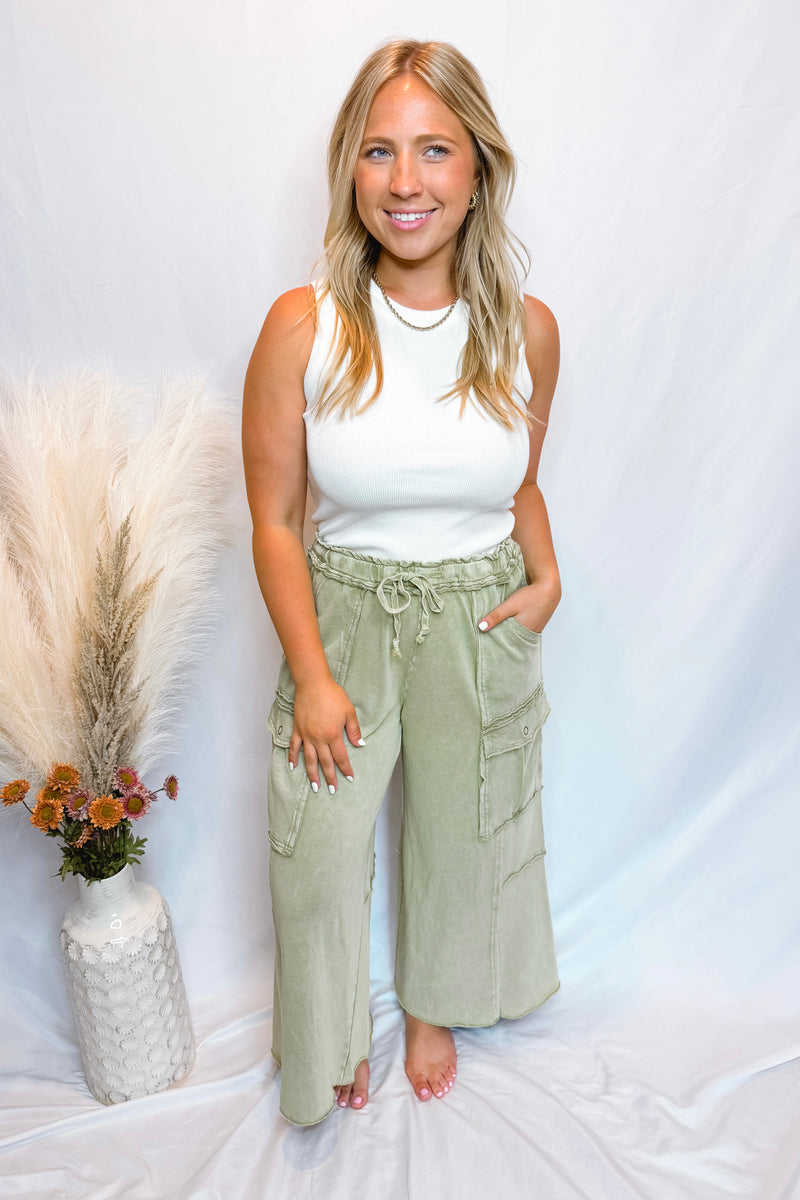 Madison Wide Leg Cargo Pants - Faded Olive