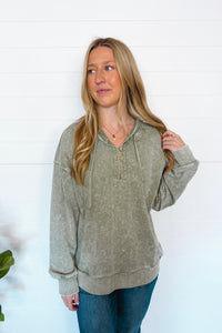 All Day Casual Mineral Washed Henley Hoodie - Olive