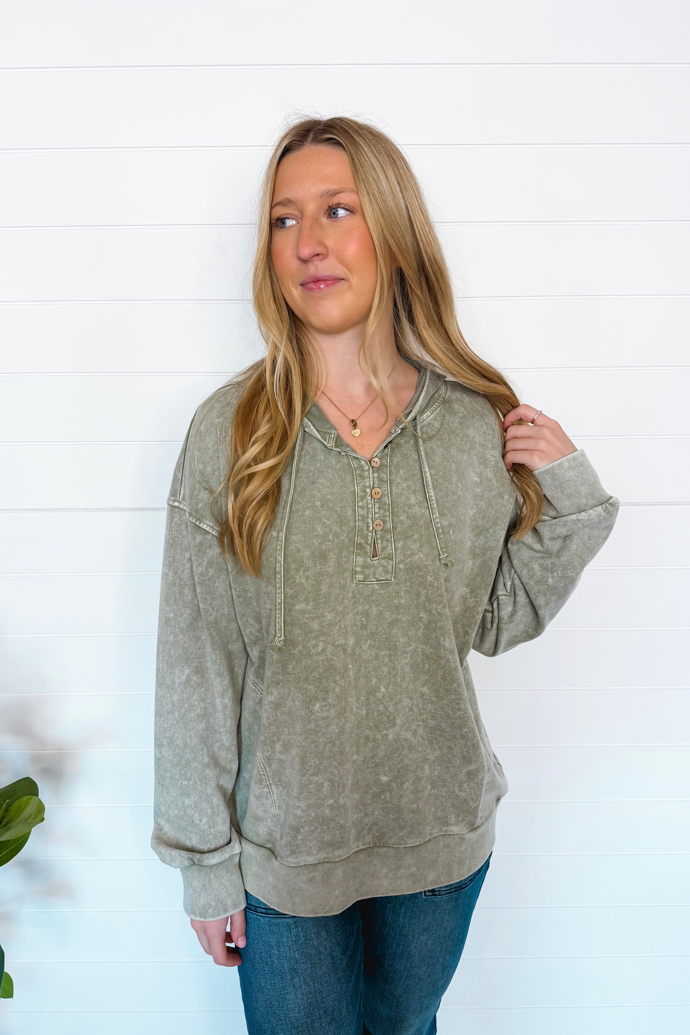 All Day Casual Mineral Washed Henley Hoodie - Olive