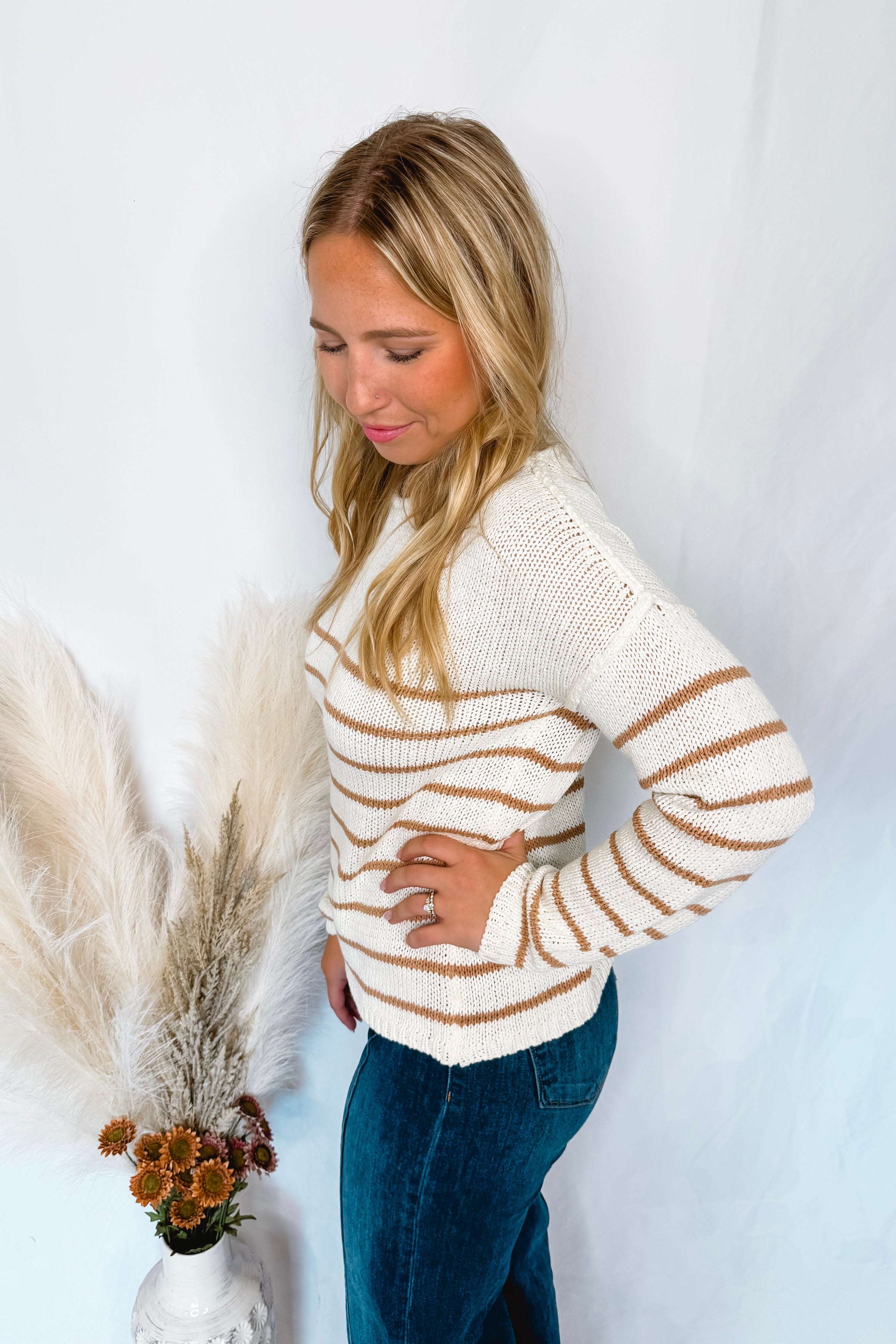 Breezy Mornings Striped Crew Neck Sweater - Ivory/Taupe