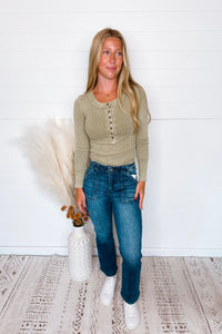 Keep It Simple Ribbed Henley Top - Light Olive