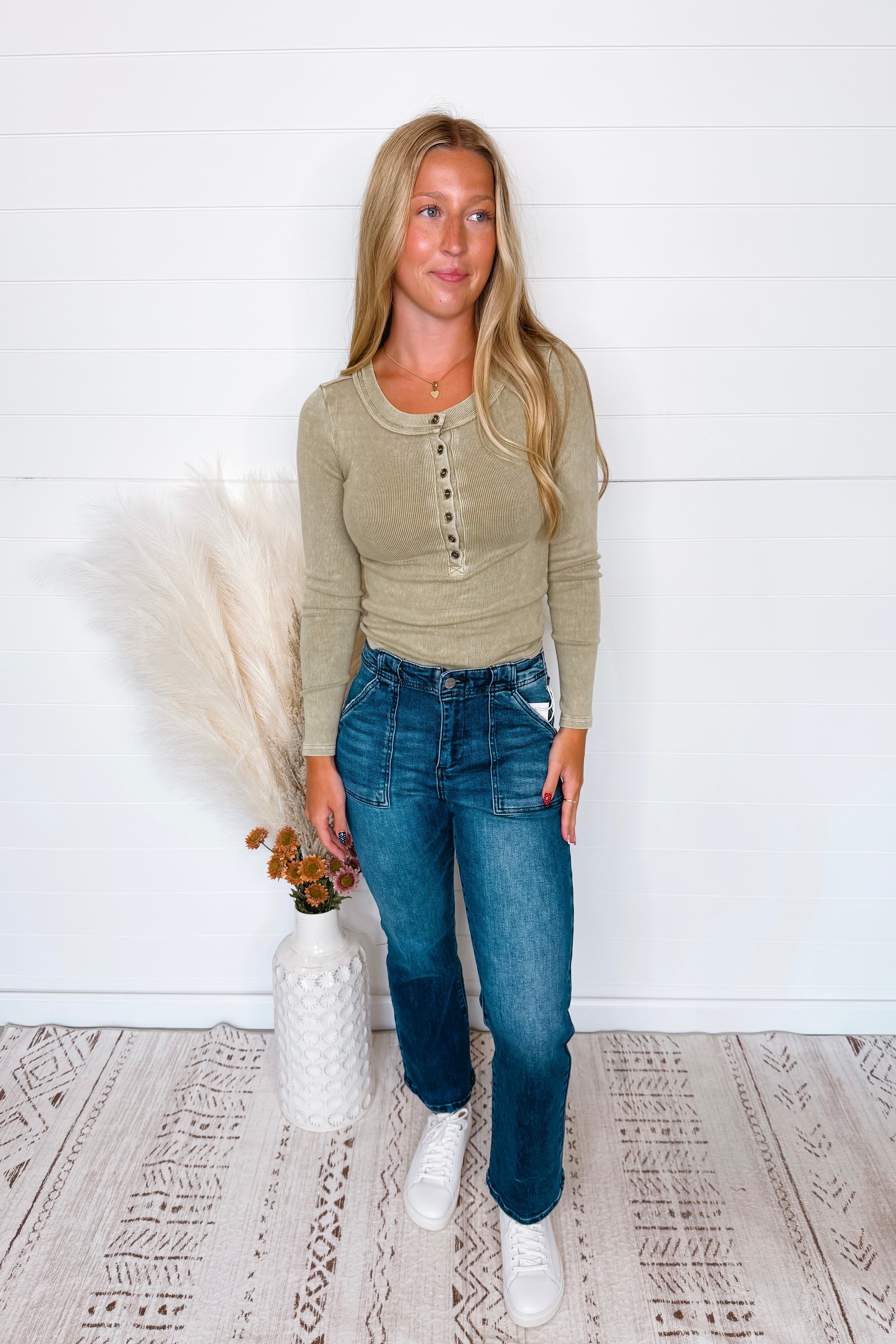 Keep It Simple Ribbed Henley Top - Light Olive