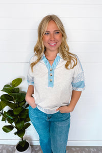Blue Days Mixed Henley Top - Grey/Blue