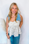 Romantic Getaway Floral Tie Shoulder Tank - Ivory/Blue