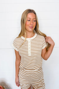 Fine Line Striped Ribbed Henley Top - Tan/Ivory