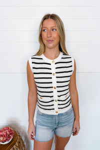 Dockside Striped Knit Button Vest - Navy/Ivory