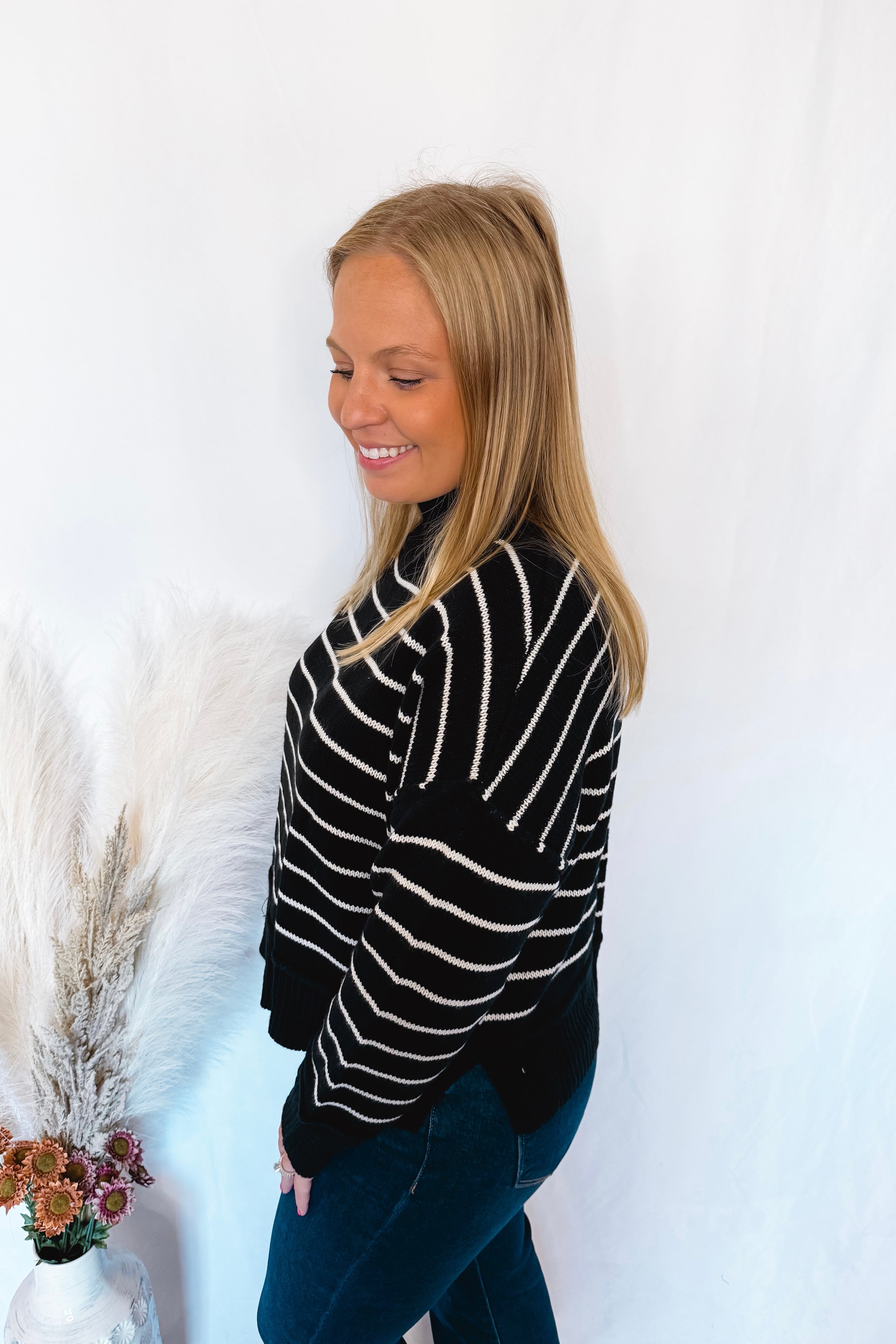 Winter Chill Mock Neck Striped Sweater - Black