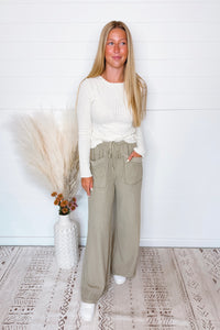 Just My Style Waffle Knit Wide Leg Pants - Light Olive