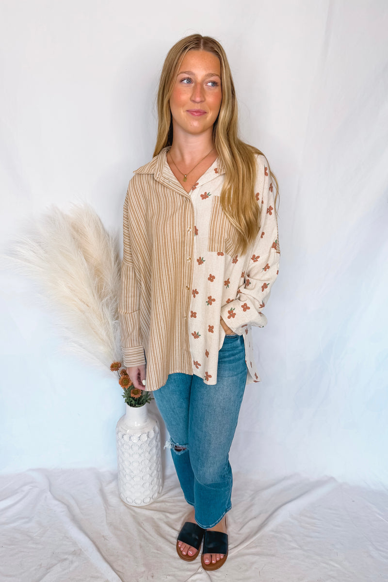 Take Your Pick Contrast Button Down Top - Taupe