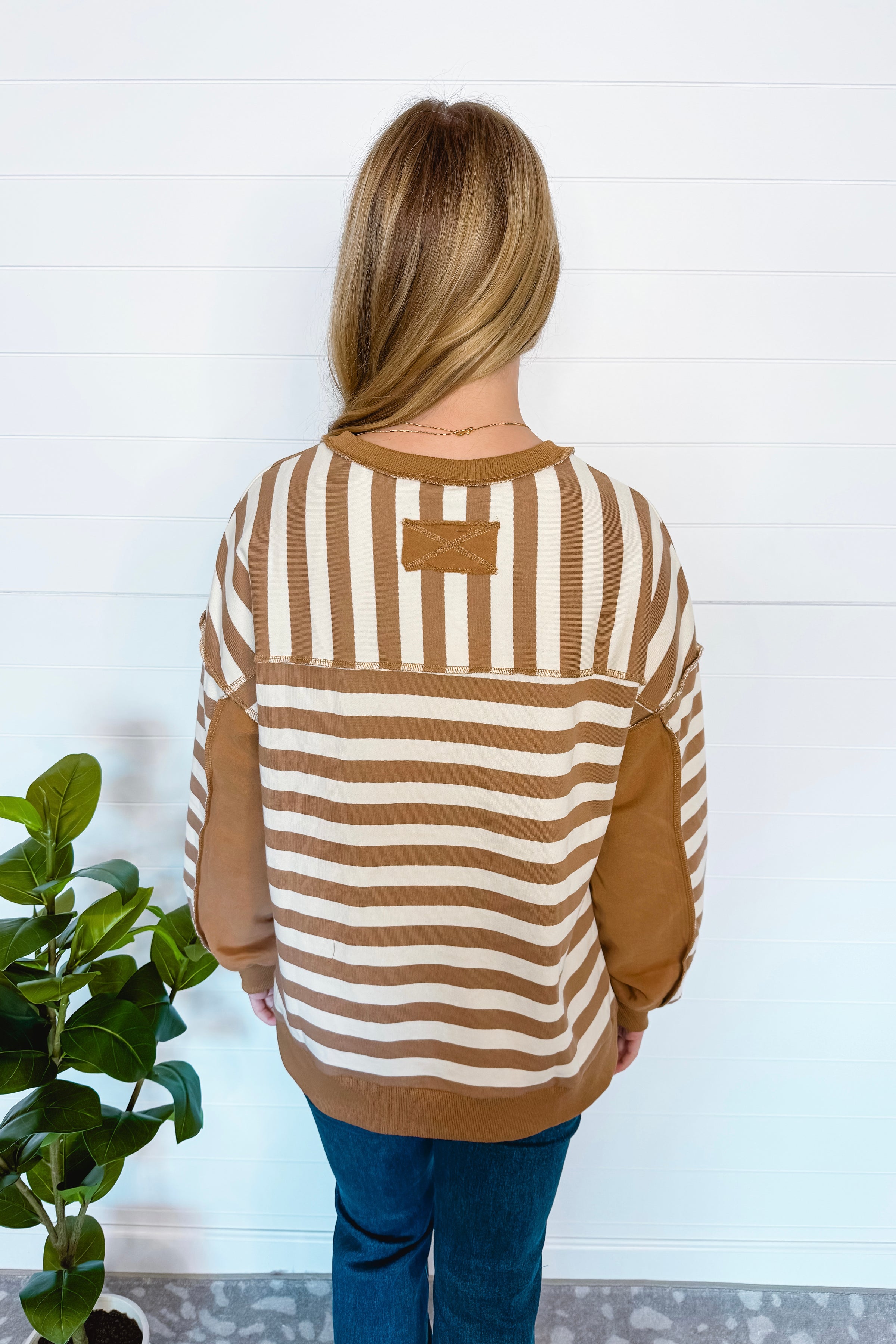 Stylish Staple Striped Henley Top - Taupe