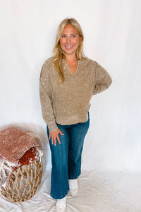 Fall Feels Mineral Washed V-Neck Top - Dark Tan
