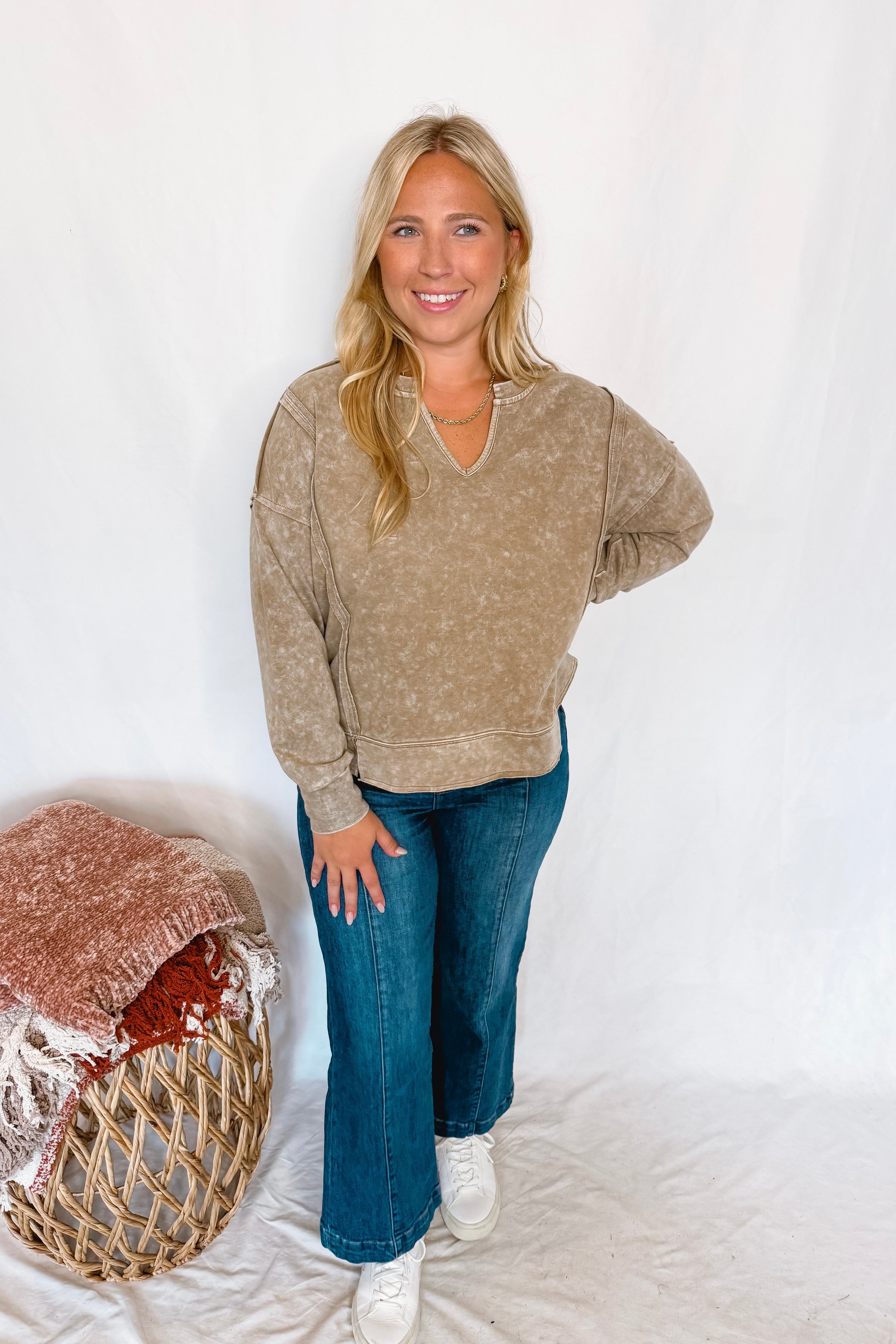 Fall Feels Mineral Washed V-Neck Top - Dark Tan