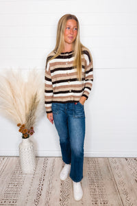Warm Cocoa Striped Button Sweater - Mocha