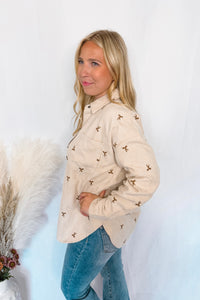 Pumpkin Patch Bow Corduroy Shacket - Ecru