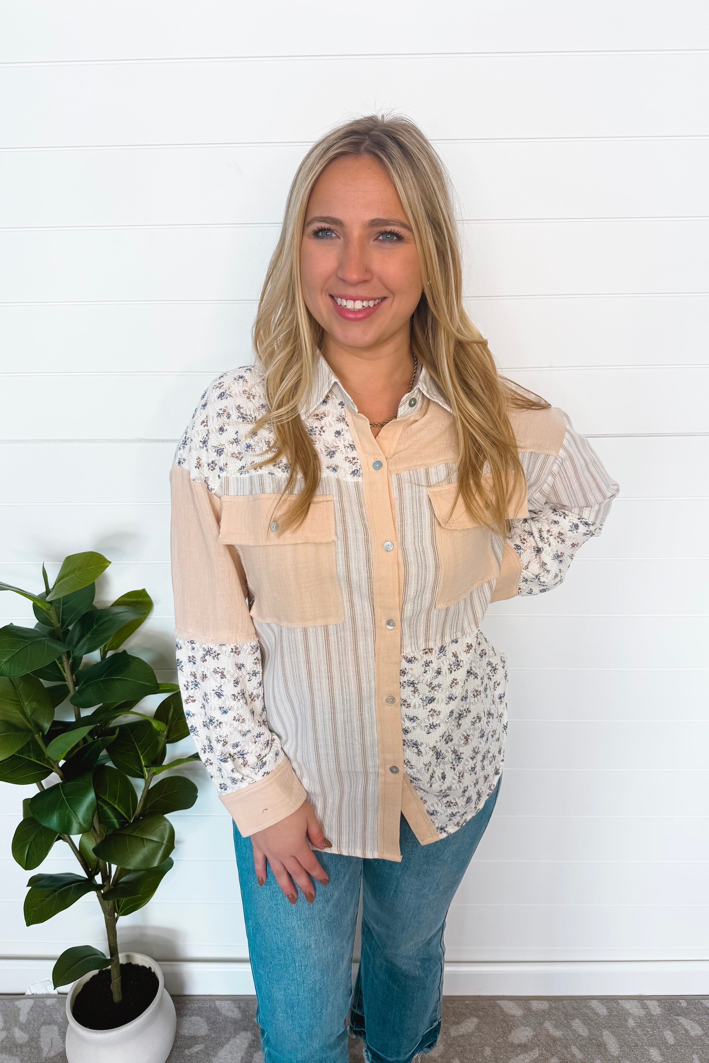 Breezy Touch Mixed Button Down Top - Taupe/Mix