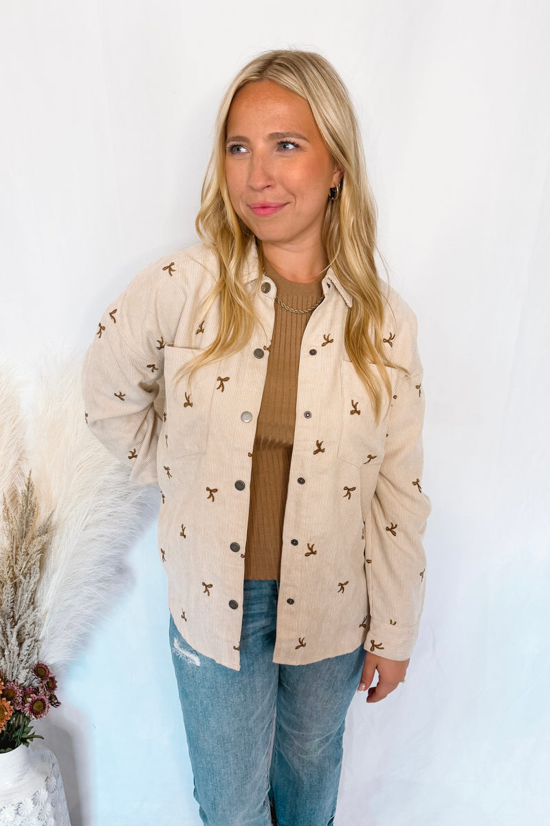 Pumpkin Patch Bow Corduroy Shacket - Ecru