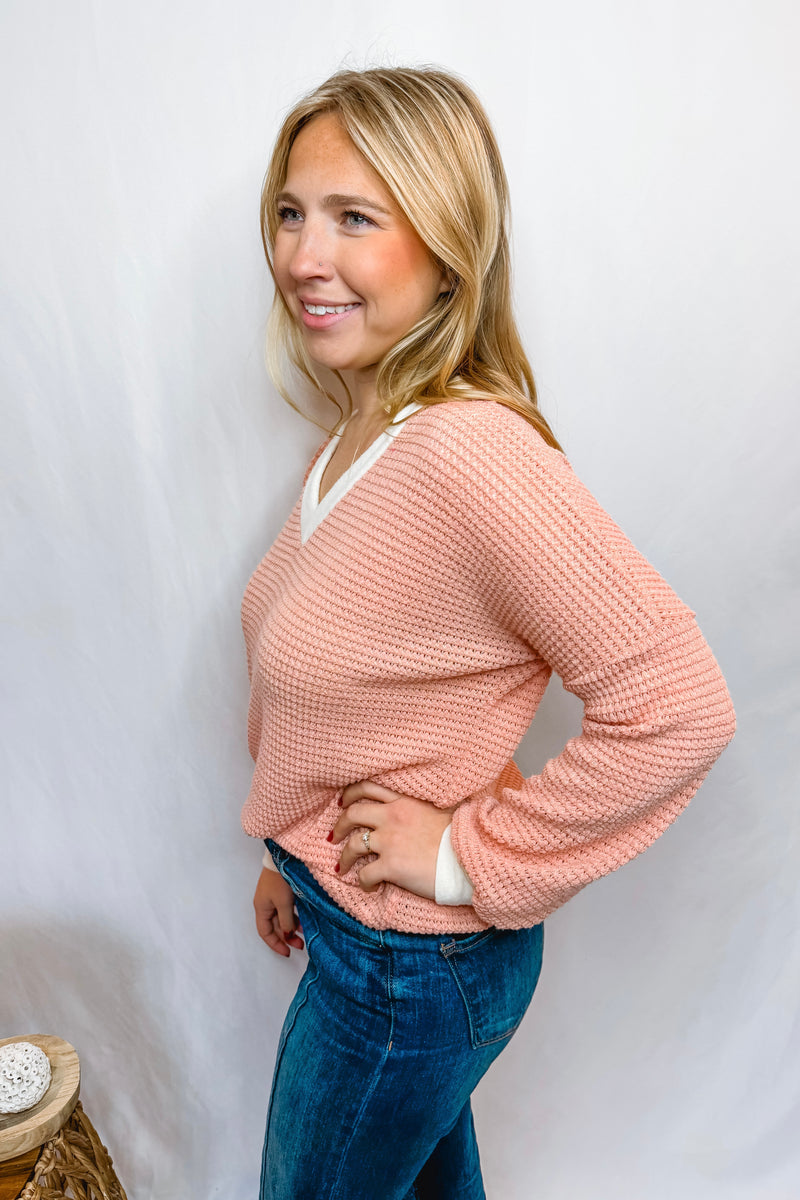 Memory Lane Waffle Knit Top - Light Pink